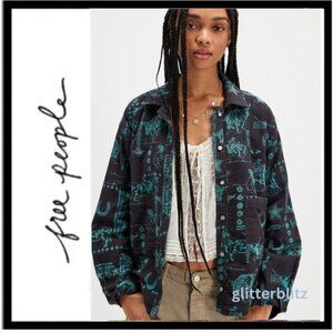 Free People "We the Free" Calico Western Print Flannel Shirt Charcoal Combo